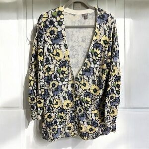 J. Jill Yellow Blue Floral V Neck Button Cardigan Sweater Size 2X